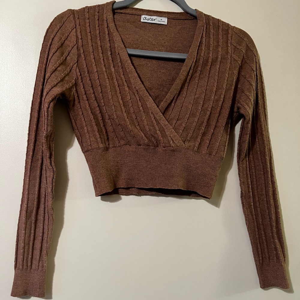 Long sleeve, brown crop top, with a deep V-Neck, runs small.